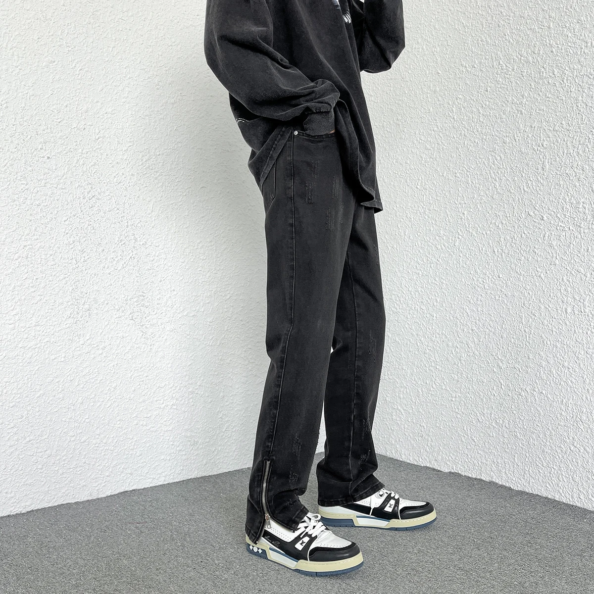 2024 Spring New Style Korean Style Men Fashionable Retro Street Jeans Zip Design on Trouser Legs Straight-leg Denim Pants Black