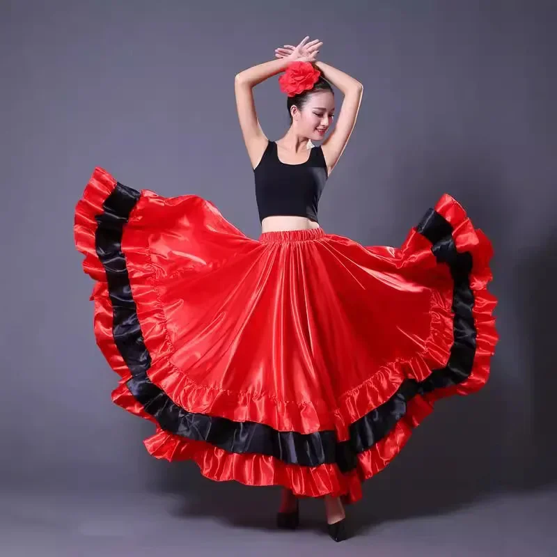 Spanischer Flamenco-Rock, Polyester-Satin-Kleider, glatt, große Schaukel, Party, Ballsaal, Bauchtanz, Kleid, Karneval, Kostüme für Damen