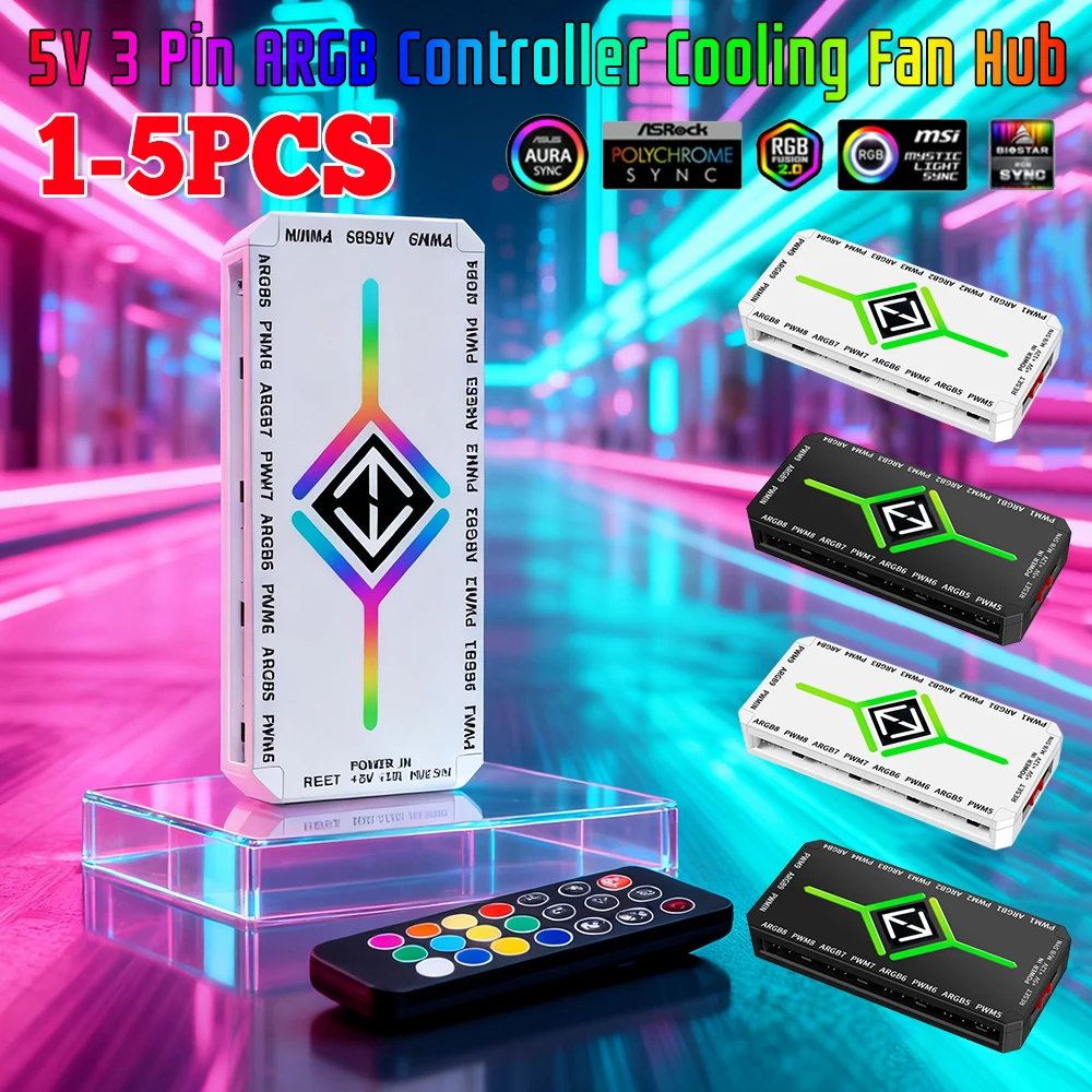 

1-5PCS 1 To 9 Ports With Remote 3 in 1 4 Pin PWM Magnetic Suction Hub PWM Fan Hub Splitter PWM & ARGB Hub Splitter For PC Case ﻿