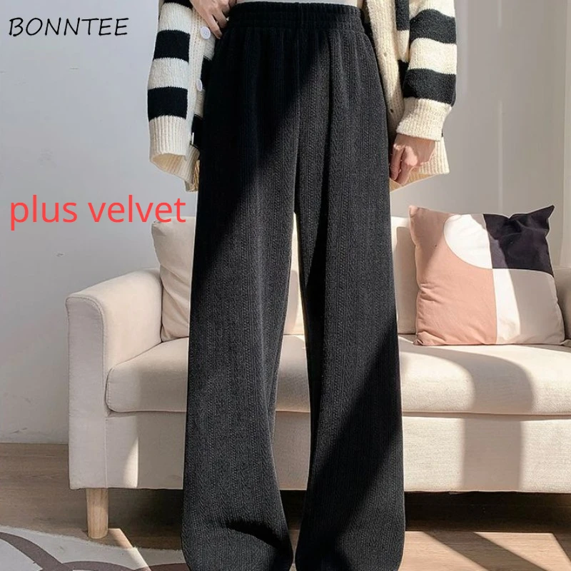 Casual Pants Women Solid Plus Velvet Thicker High Waist Chenille New Winter All-match Preppy Style Straight Female vintage retro