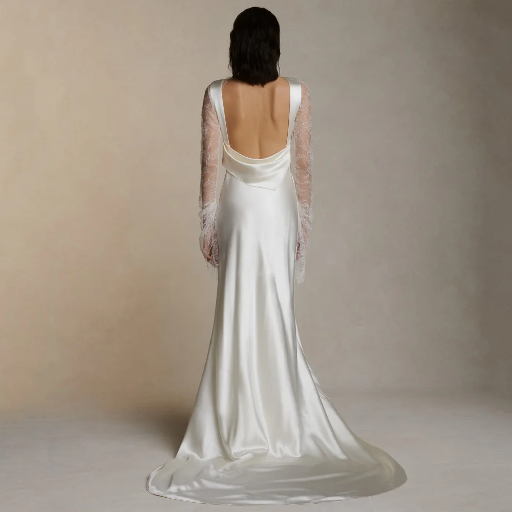 Classic Customized Wedding Dress Backless Tank Straight Bride Desses Lace Gowns Simple Sweep Train Vestidos De Novia