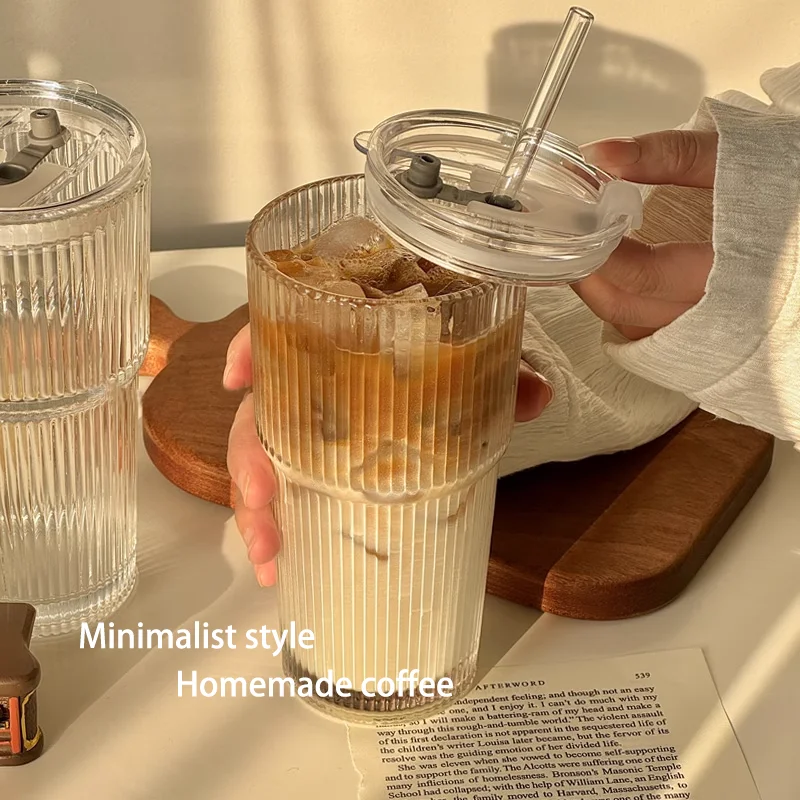 Соломенная чашка большой емкости с крышкой, чашка для кофе в вертикальную полоску, чашка для напитка, сока, ценная женская бытовая стеклянная чашка для чая с молоком 202