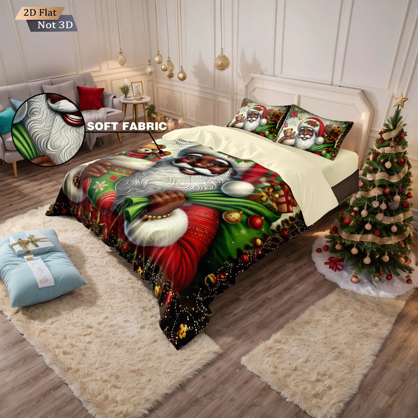 3pcs cartoon Santa Claus printed chipless duvet set, multi size bedroom dormitory holiday bedding decoration, machine washable