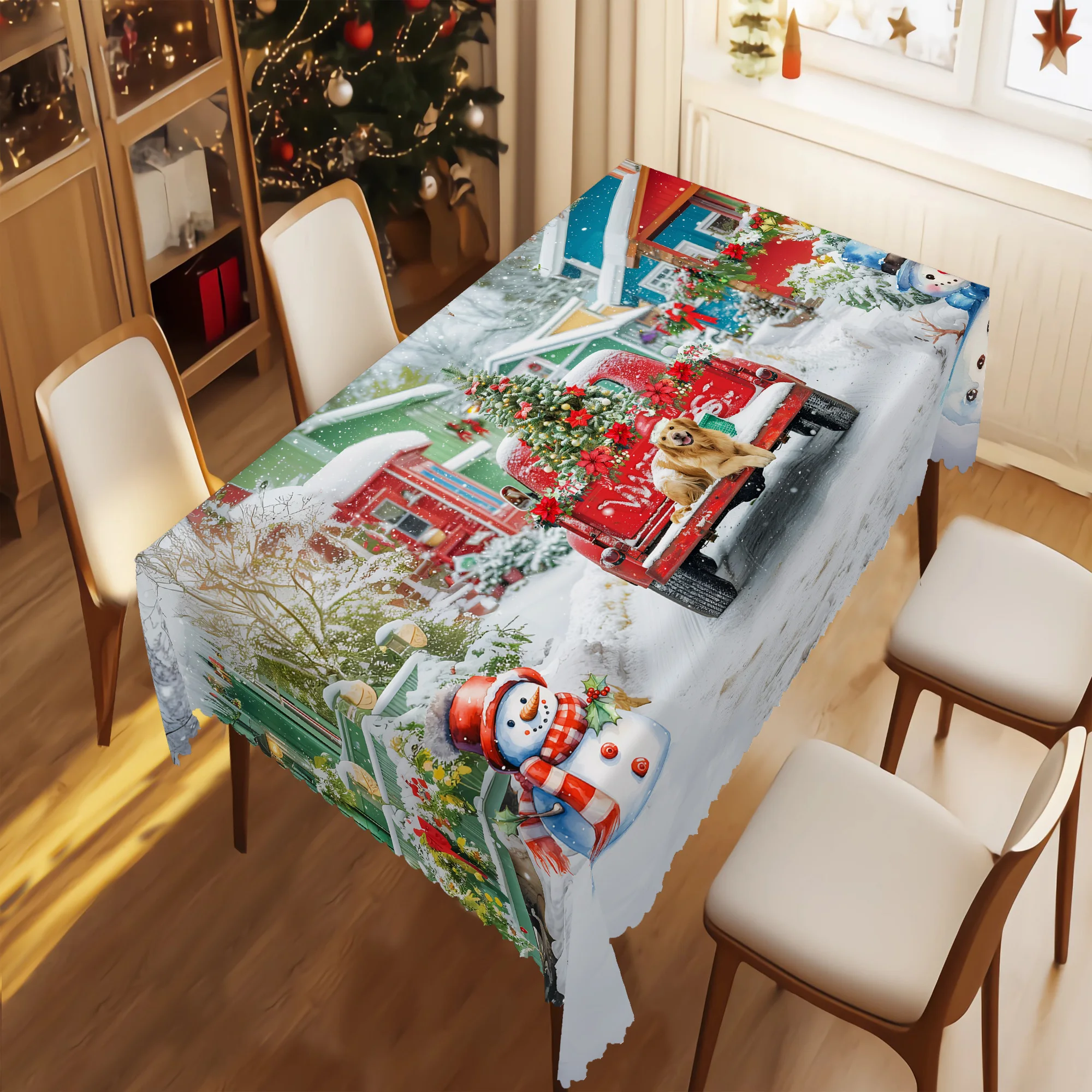 1 Piece Christmas-Themed Tablecloth, Multiple Sizes, Cute Truck and Puppy Pattern Decorative Tablecloth, Printed Tablecloth, Christmas Party Gathering, Suitable for Indoor and Outdoor Use in Family Kitchens, Dining Rooms, and Patio Areas during the Holiday Season, Gift