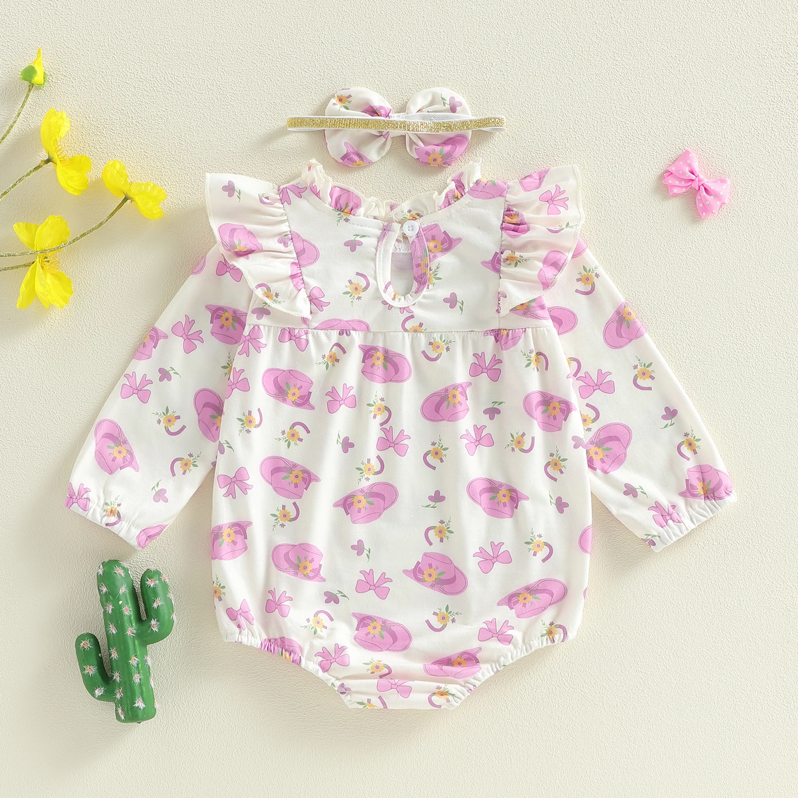 زي رومبير لطيف للفتيات حديثي الولادة، رومبير مكشكش بأكمام طويلة ورقبة دائرية وطباعة فيونكة مع ربطة شعر لملابس ربيع الخريف #6