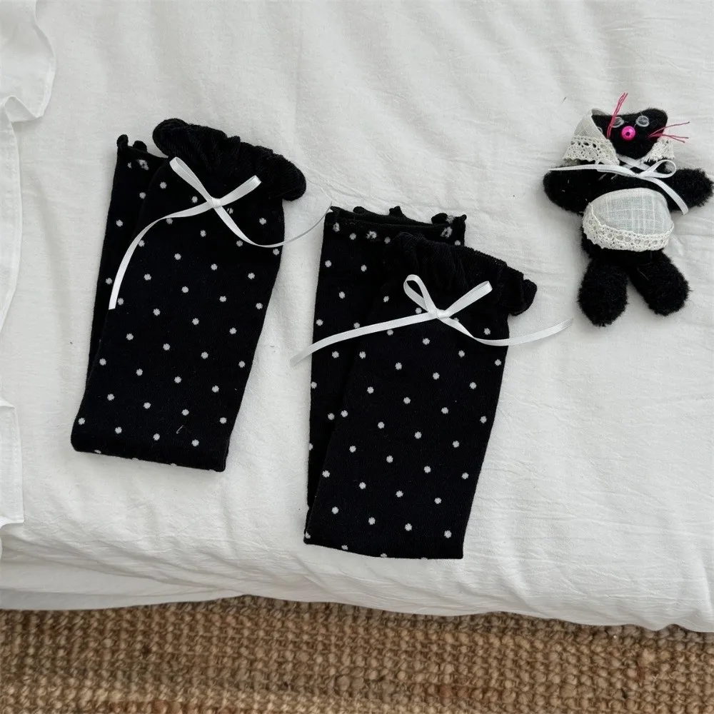 Knit Polka Dot Leg Warmers Slimming Design Ruffled Trim Bow Ruffled Calf Socks Y2K Style Stretchable Fabric Kawaii Calf Socks