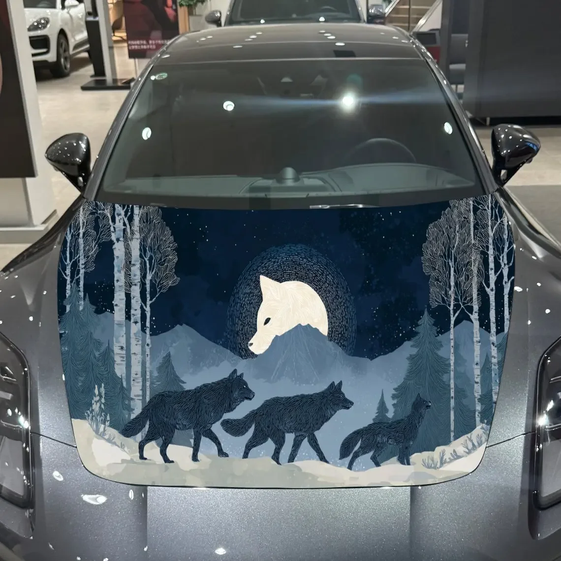 Moonlit Wolf Pack Silhouette PVC Car Hood Wraps, Self-Adhesive Waterproof Car Bonnet Decal Sticker, Car Decoration Protection St