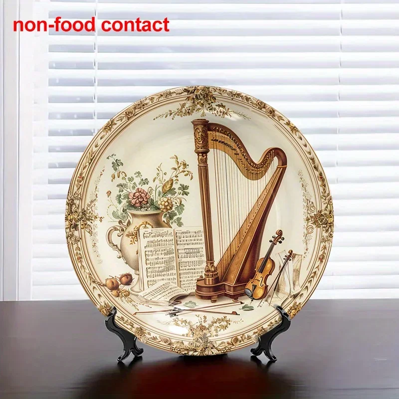 1pc 8-Inch Round Ceramic Hanging Wall Art Plate, Vintage Harp and Violin Musical Theme Decorative Plates for Home Décor,