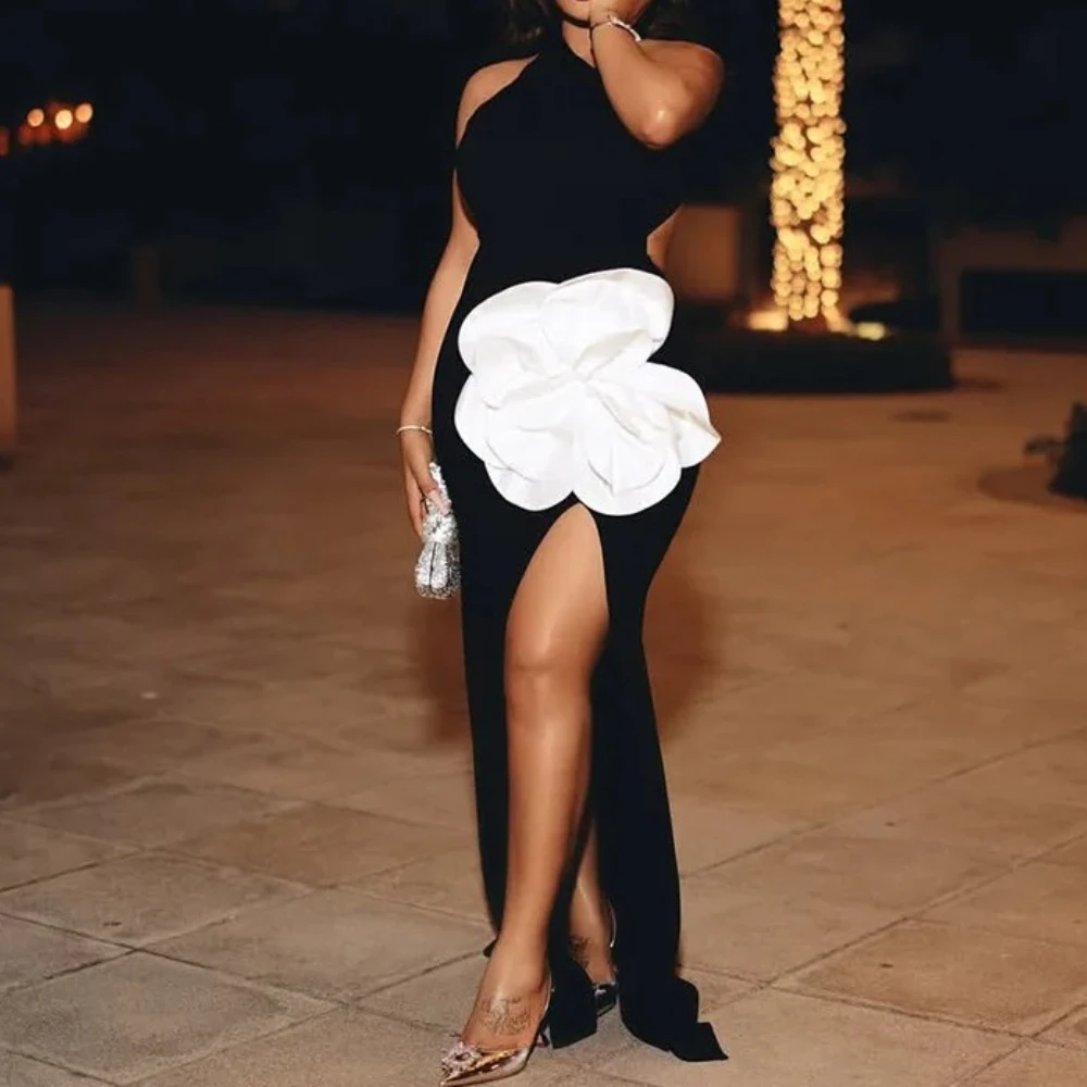 فستان نسائي طويل بكتف واحد بدون أكمام ثلاثي الأبعاد مزين بالزهور 2025 فساتين حفلات مثيرة لقضاء العطلات وأعياد الميلاد