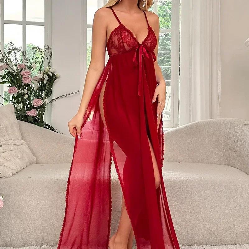 Womens Pajamas Dress Sexy Lingerie Nightgowns Sleepwear Nighty Set Mesh Bow Slit Long Skirt Spaghetti Strap Lace Sleeping Dress