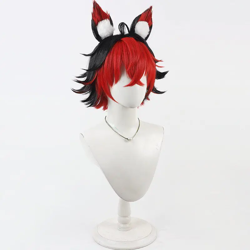لعبة Zenless منطقة صفر كومانو ماناتو شعر مستعار تأثيري الأسود والأحمر قصير تأثيري الشعر مع آذان لحفلة Comicon الكبار النساء الرجال