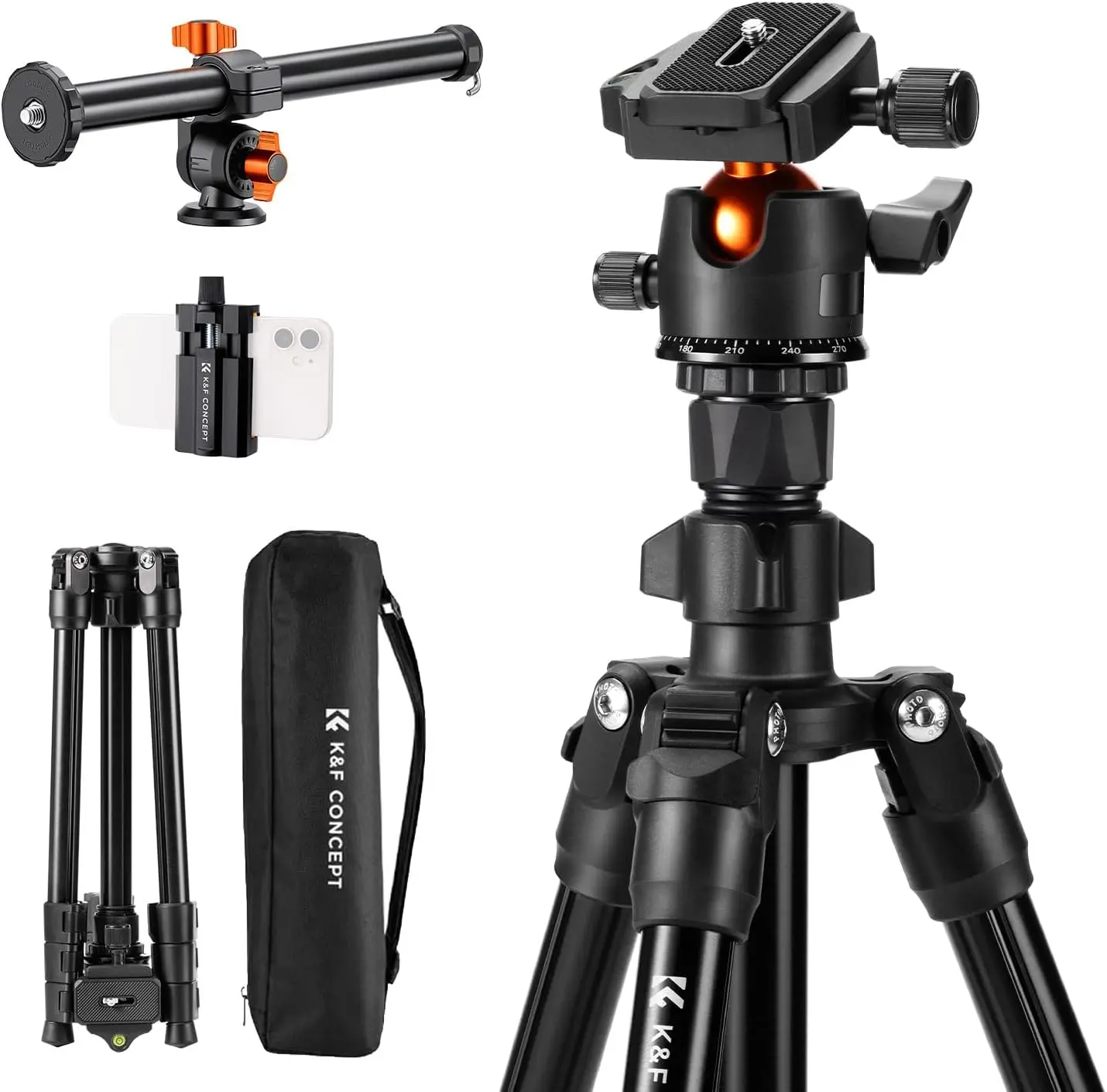 Lightweight Outdoor DSLR Tripod 76 Inches with 360° Ball Head and Rotatable Multi-Angle Center Column, Supports 8kg/17.6lbs Load, Includes Smartphone Holder