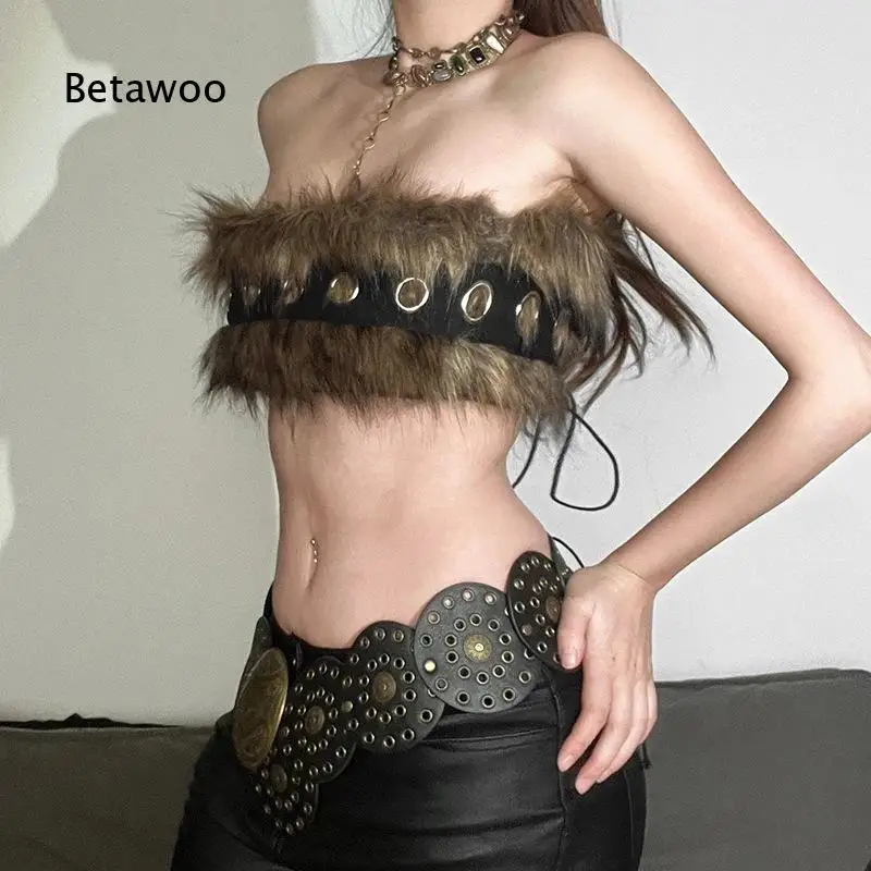 Women Faux Fur Decorated Strapless Bandeau Top With Waist Belt Cosplay Character Costume Accessory For Theme Party Role Play And