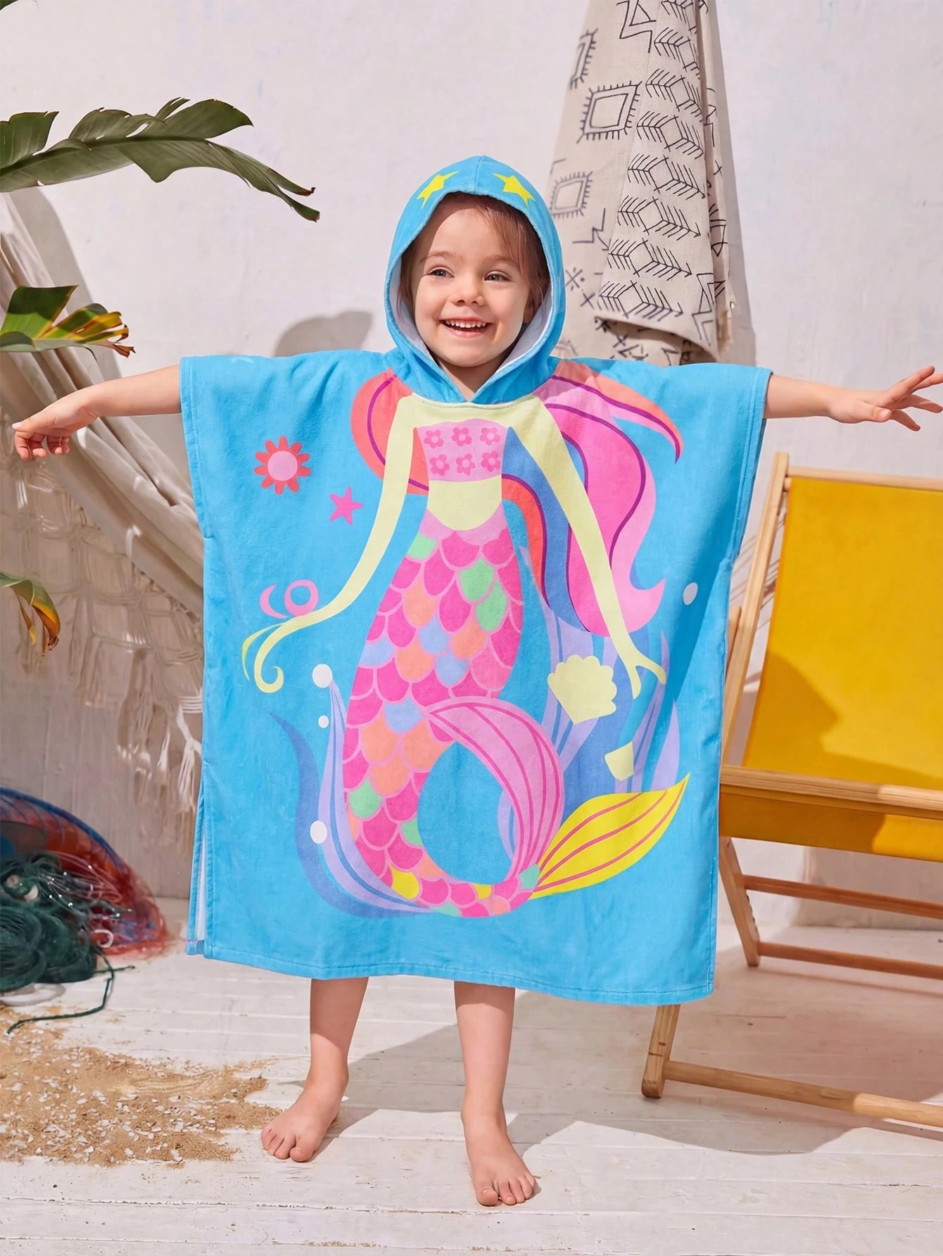 Blue Mermaid Kids Hooded Beach Towel, Microfiber Quick Dry Swim Poncho, Cute Cartoon Bath Towel for Toddler Girls, Pool/Beach