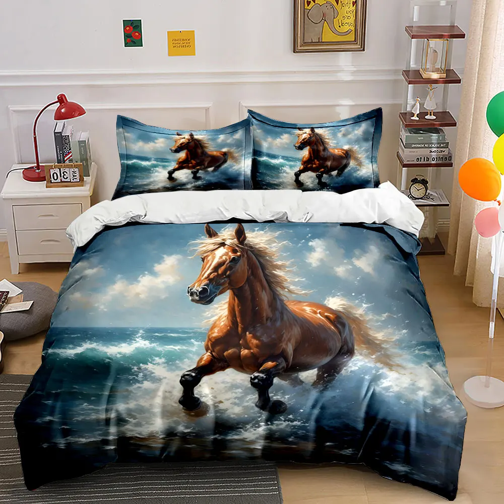 Galloping horse splashes through waves Bedding Set for Kids Luxury Gift 3pcs Digital Print Comforter Set Soft Comfortable
