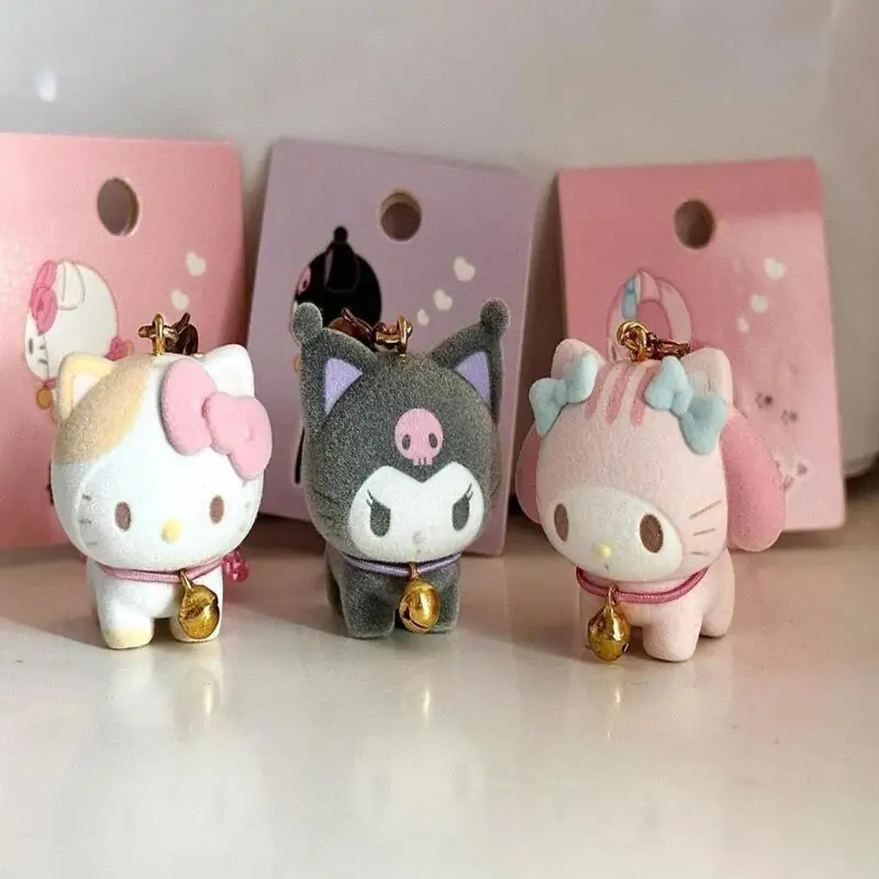 

Kawaii Sanrio Kuromi Flocking Keychain with Bell Cartoon Hello Kitty Doll Car Key Ring Backpack Decoration Pendant Toys Gifts