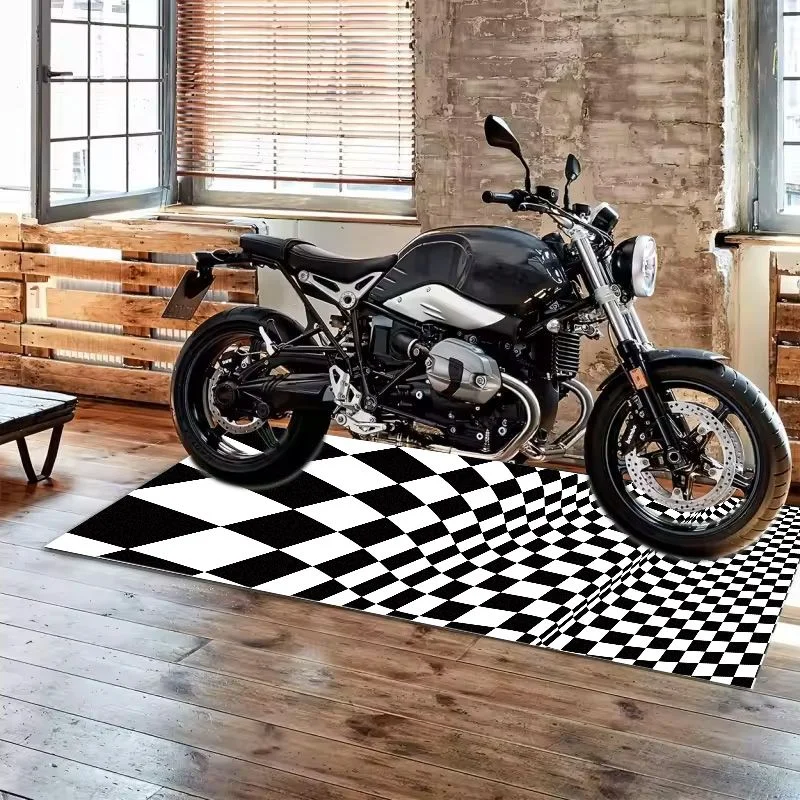 VIKAMA Black White Checkered Race Flag Pit Mat Anti Slip Rug For Garage Motorbike Parking Workshop Moto Display Carpet