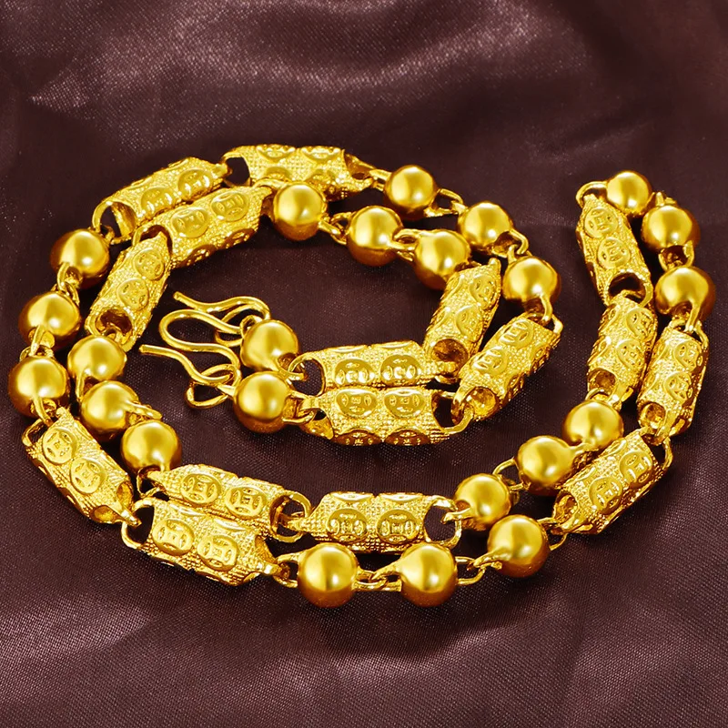 Luxury 24K 9999 Pure Gold real gold Men's necklace fashion cylindrical solid chain