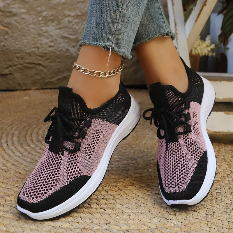 

Colorblock Knit Mesh Lace-Up Sneakers Women's Round Toe Lightweight Low-Top Single