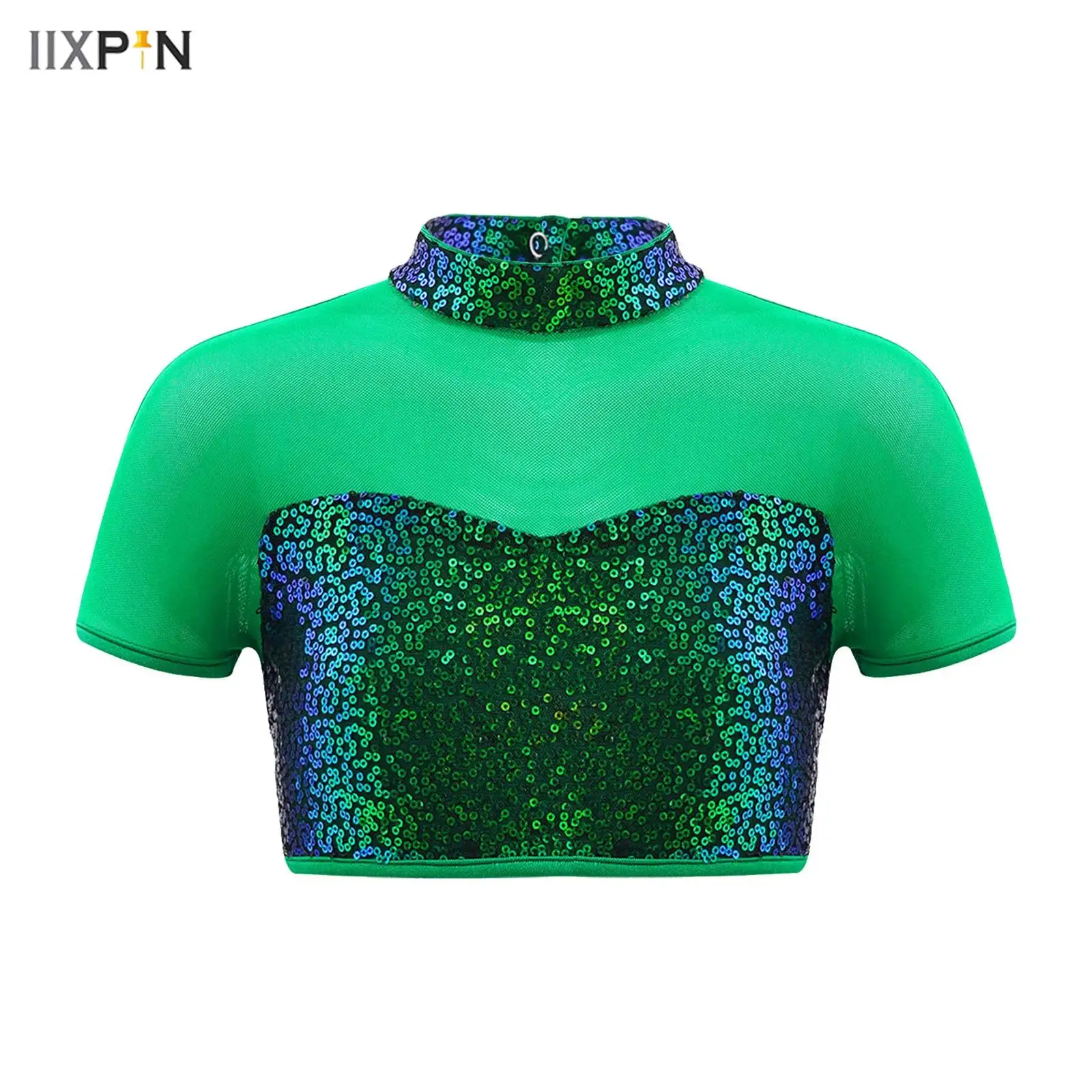 

Kids Girls Shiny Sequins Jazz Dance Tops Short Sleeve Mock Neck Mesh Crop Top Shirt+Skirts Figure Skating Cheerleading Dancewear