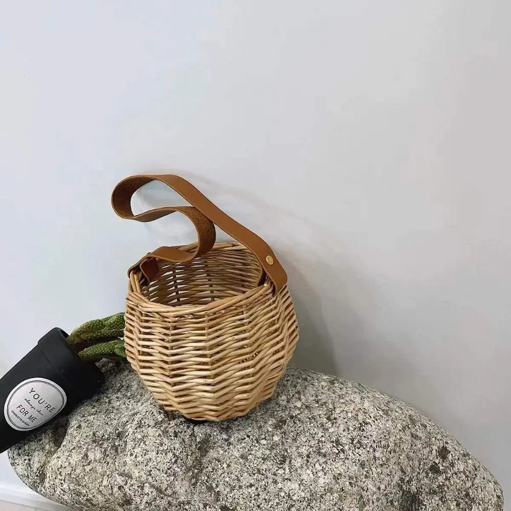 Creative Brown Hanging Flower Basket Round Pu Belt Storage Basket Picnic Basket Desktop Ornament Weaving Flowerpot Cafe Office