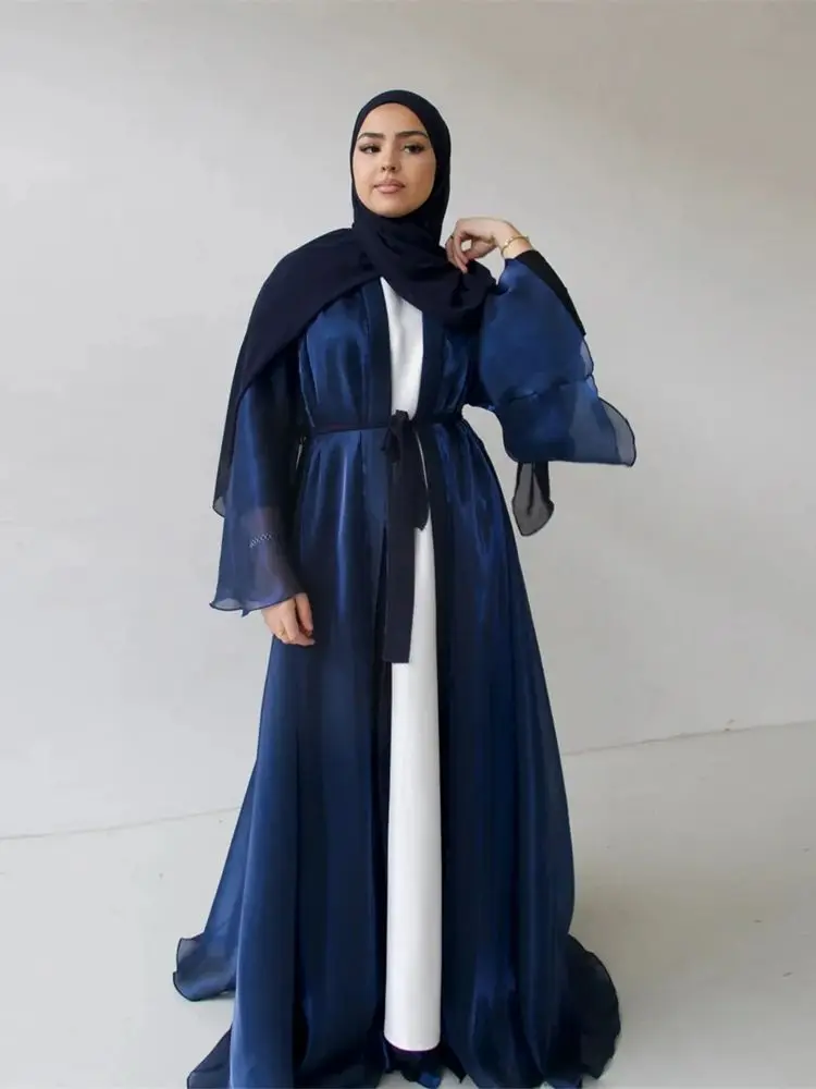 Eid Organza Chiffon Double-sided Wear Kimono Abaya Dubai Muslim Modest African Dresses For Women Kebaya Kaftan Islam Robe Femme