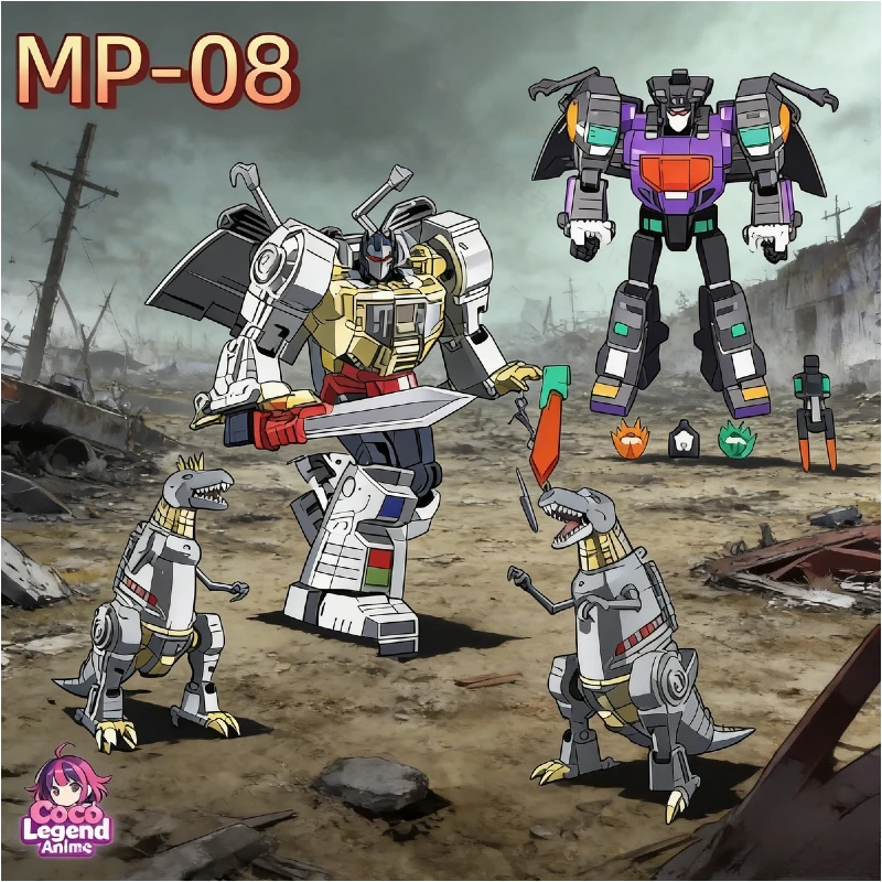 In Stock Full-painted Oversized MP08 Steel Lock Dinosaur Transformer Toy Model Grimlock with Imitation Stainless Steel Finish