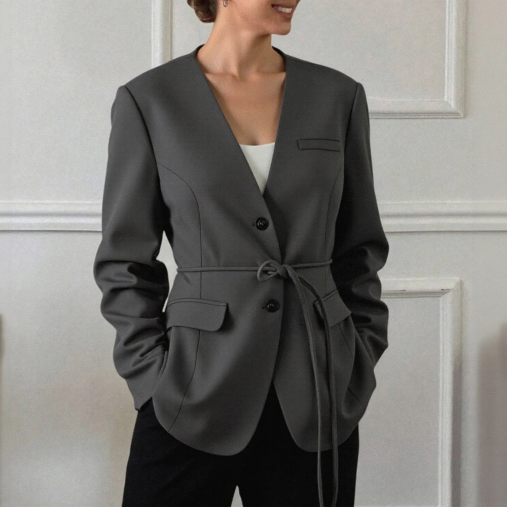 

Mia Muse Boutique Autumn Blazers 2025 Women's Elegant Solid Color Long Sleeve V-Neck Fitting Slim Dating Blazers