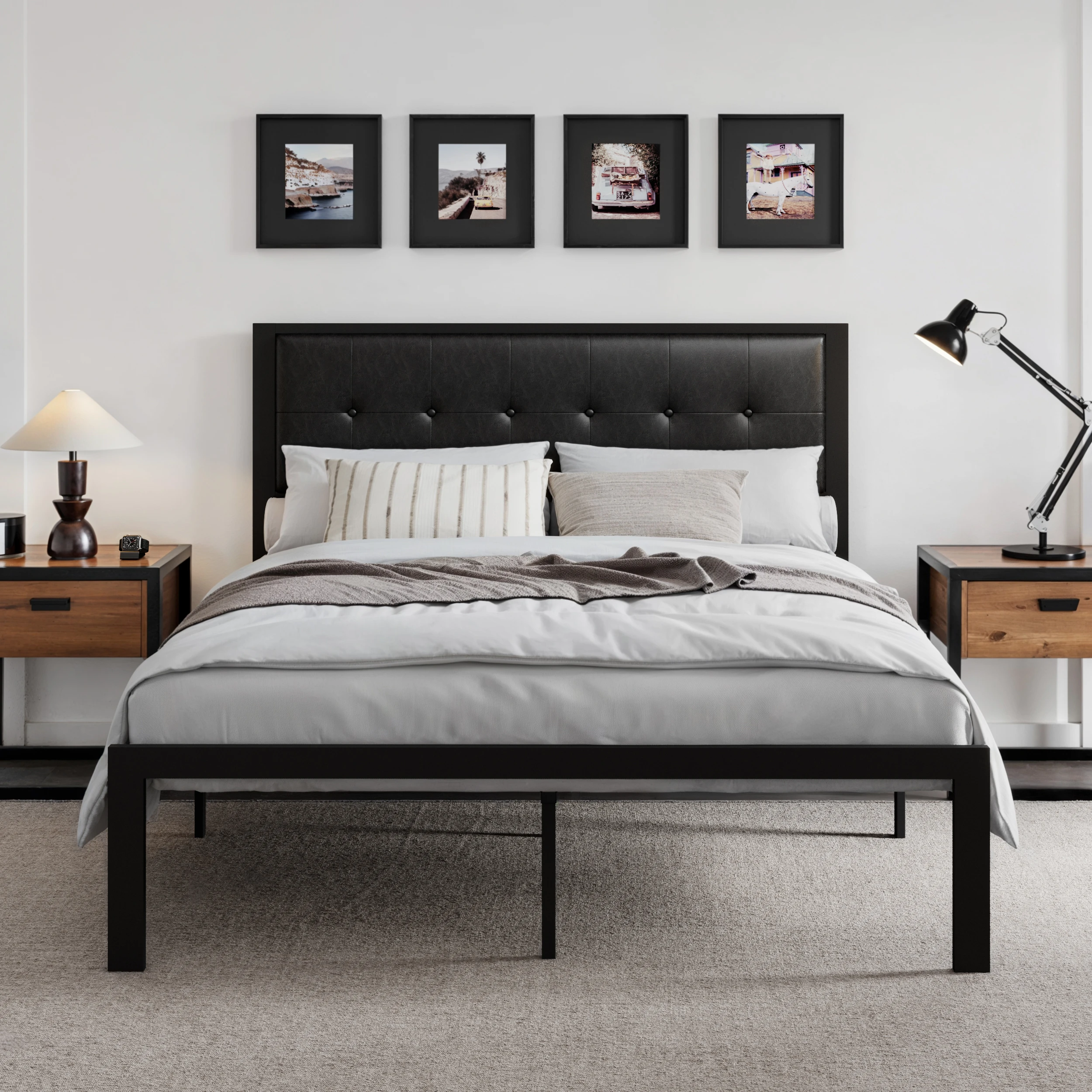 

HOOMIC Metal Bed Frame, Upholstered Headboard with Square Stitched, Classic Button Tufted, Faux Leather, No Box Spring Needed