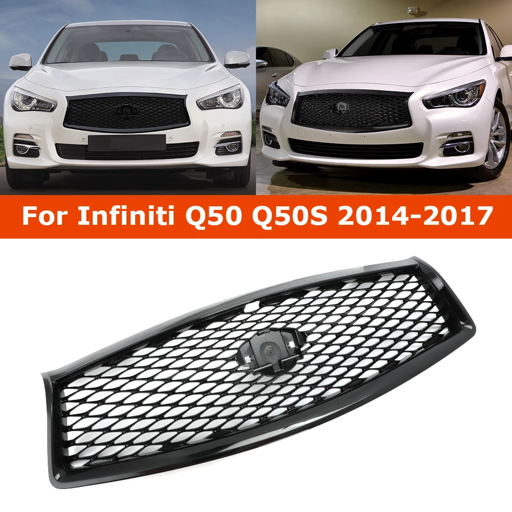 Front Grille For Infiniti Q50 Q50S 2014-2017 All Models Replacement Racing Grill Car Upper Bumper Hood Mesh Grid Kit Gloss Black