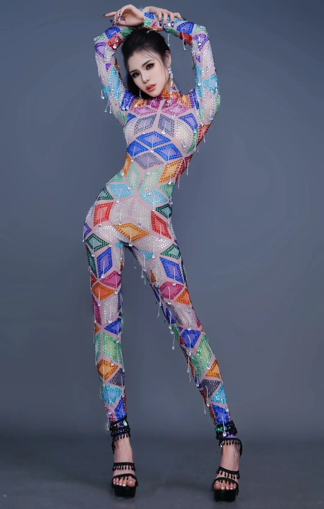 

Bake Luxurious Colorful Rhinestones Jumpsuits Women Celebrate Evening Dresses Dance Costumes Halloween Pole Dance Rave Outfits