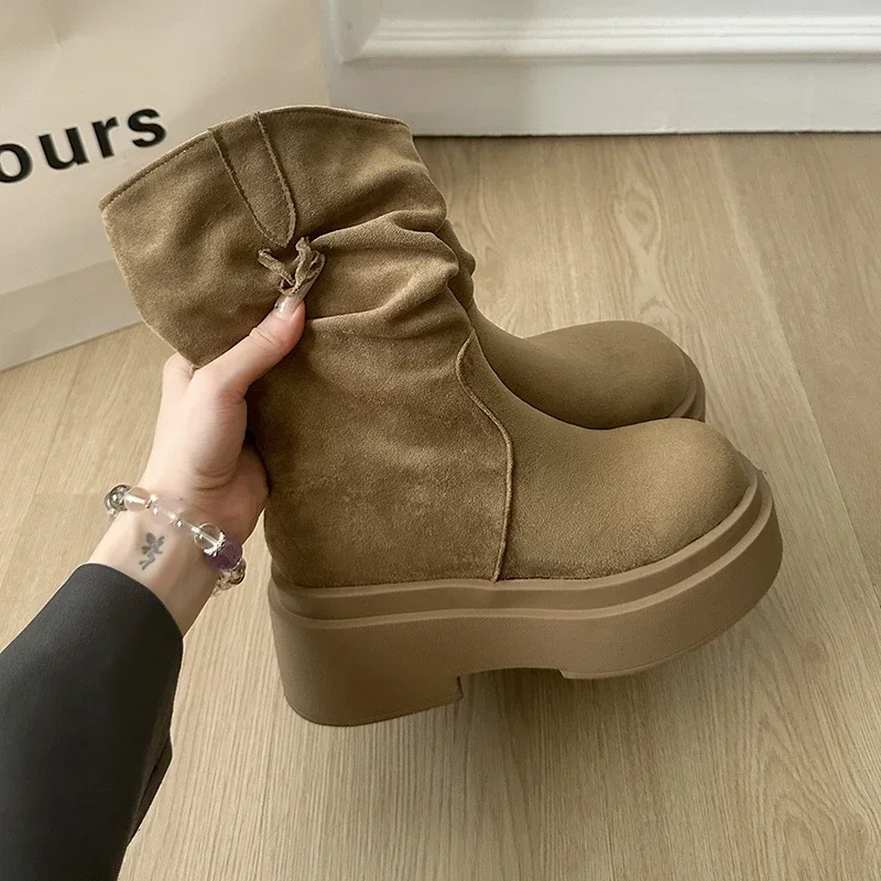 

Vintage Platform Thick Bottom Women Western Ankle Boots Fashion Tassel Slip On Shoes Autumn Winter Female Chunky Short Booties