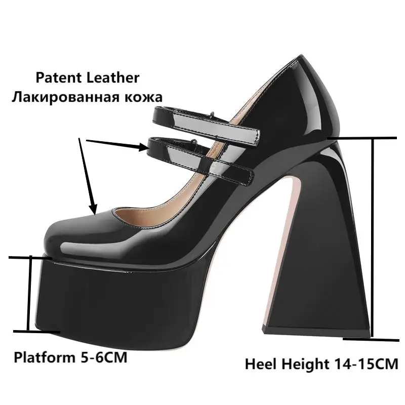 Onlymaker Women Pumps Mary-Jane Platform Black Patent Leather Chunky High Heels Ankle Strap Dress Party Plus Size Punk Shoes