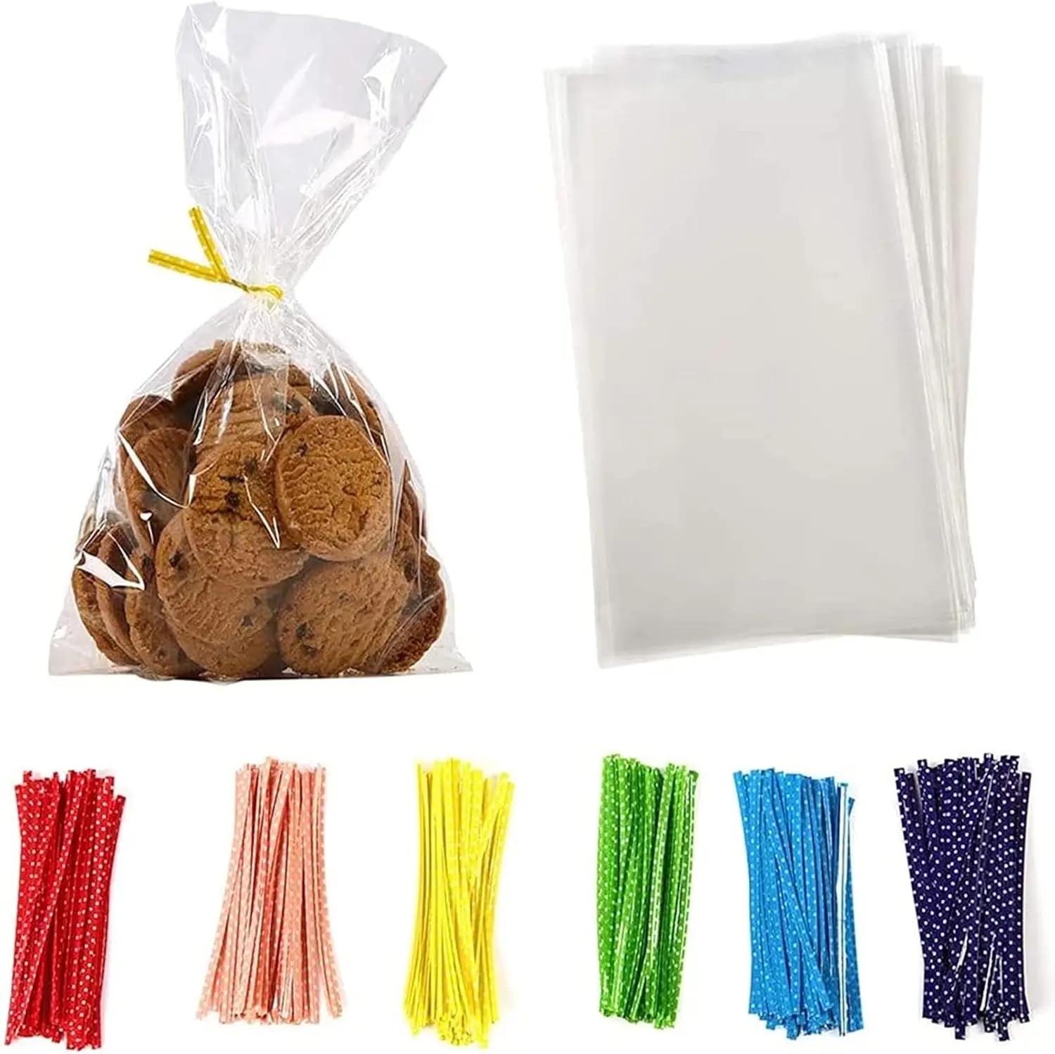 

100 Clear Cellophane Treat Bags 8x6in with Metallic Twist Ties for Bakery Cookies Candies