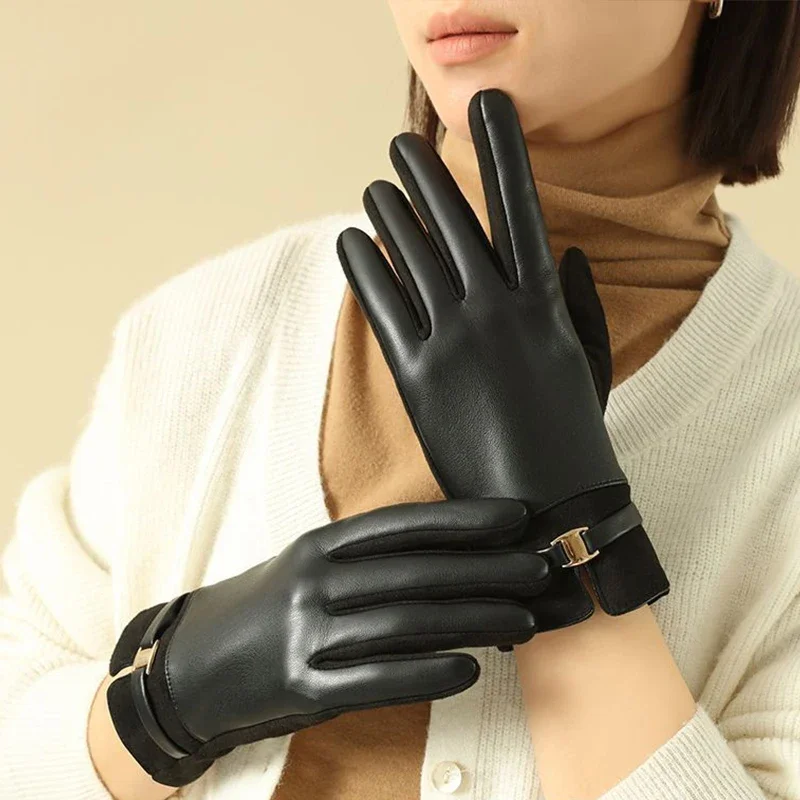 Women Winter Suede Gloves Leather Keep Warm Touch Screen Fashion Elegant Gloves Business Style Lightly Waterproof Metal Buckle