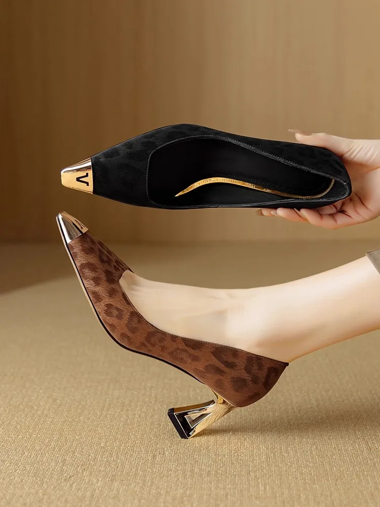 

Elegant Velvet High Heels Women's Fall 2026 New Style Leopard Print Semi-Up Booties French Style Thin Heel Evening Shoes