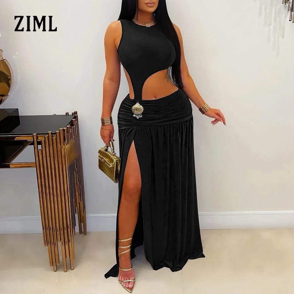 

ZIML утягивающее сексуальное длинное платье со складками для женщин, летнее вечернее платье без рукавов с круглым вырезом и высокой талией, женская мода