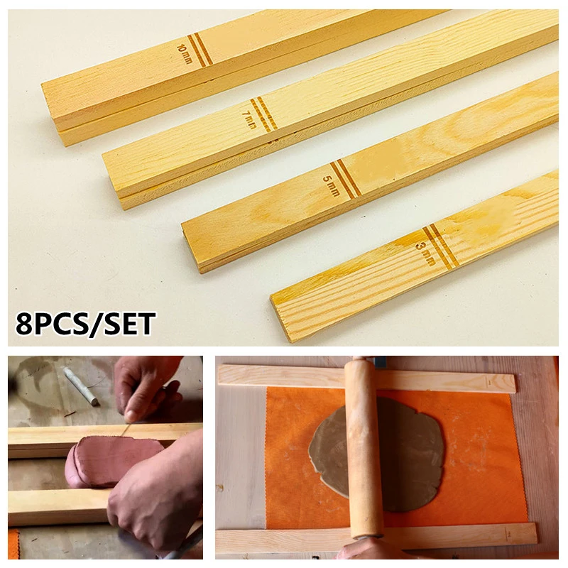 

Mud Roller Mud Guide Wooden Strip Mud Plate Forming Supplies Ceramic Craft Polymer Clay Pottery 8PCS/SET Modeling Tools