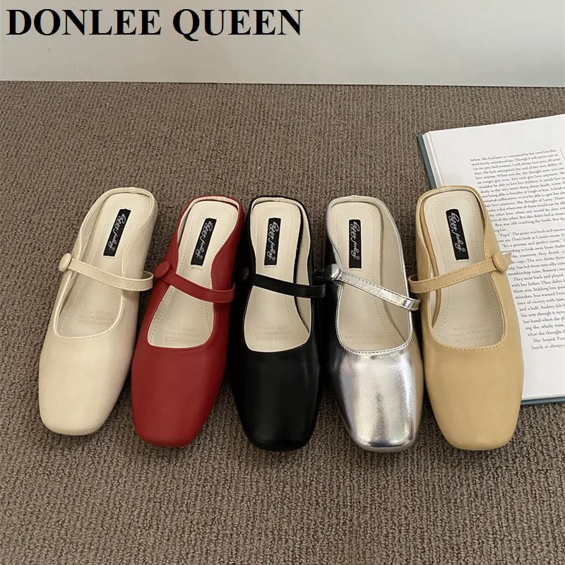 New Brand Slippers Women Square Toe Slip On Mules Shoes Fashion Mary Janes Flats Heel Ladies Slides Female Spring Loafers Mujer