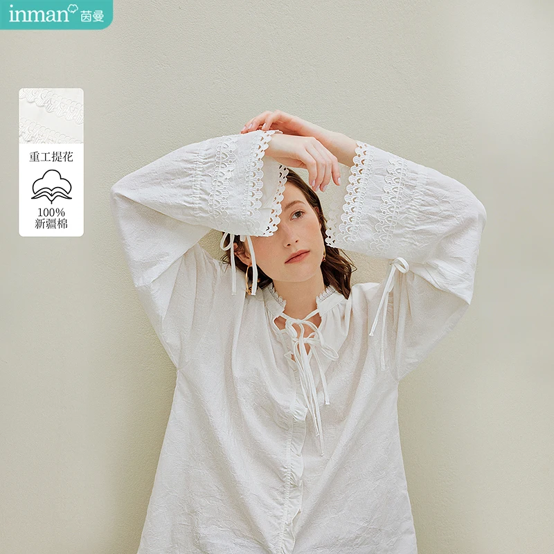 

INMAN Pure Cotton French Jacquard White Blouse 2025 Autumn Women's New Ruffled Bell Sleeves Elegant Top | Loose Fit Chic Shirt f