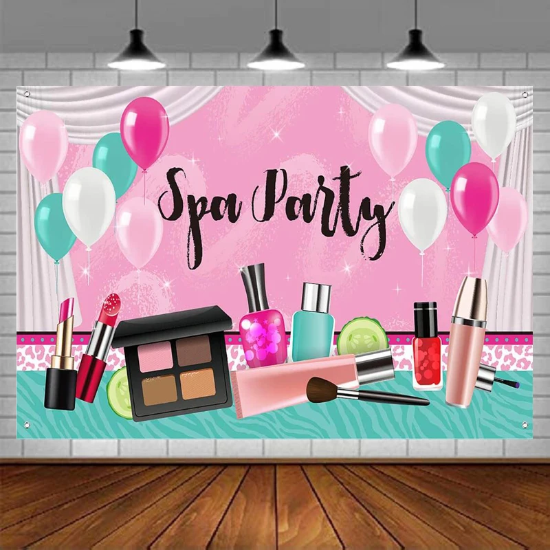 

Girl Spa Party Photography Backdrop Sweet Pink Princess Makeup Birthday Background Banner For Spa Day Theme Party Decorations