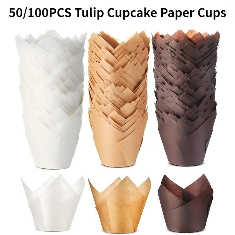 50/100PCS Tulip Baking Paper Cups Oil Proof Disposable Cupcake Liners for Muffins Cakes Desserts Home Bakery Party Supplies