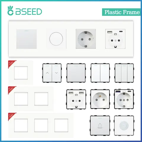 BSEED Button Light Switch Part 1/2/3Gang 1/2Way Plastic Panel Parts Wall Socket USB Type-C Port EU Standard DIY Combination