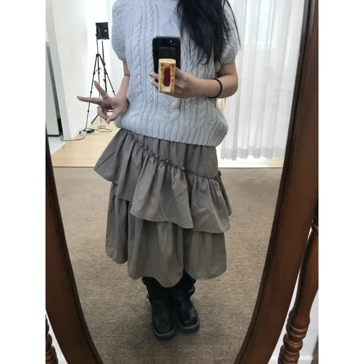 Pure Color Japanese Style Ruffle Hem Maxi Skirt Sweet Folded Low Waist Ladies Casual Other Material A-Line Skirt