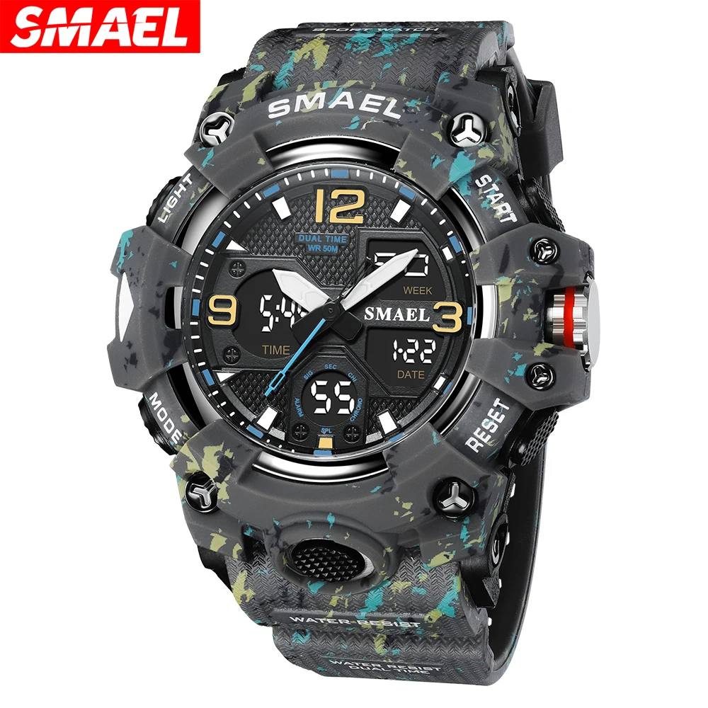 SMAEL Male Sport Military Watches Camouflage Style Waterproof Clock Alarm Stopwatch Quartz Dual Time Display Wristwatch for Men