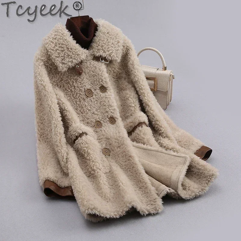 Tcyeek 100% Wool Jacket Winter Women's Fur Jackets Fashion Sheep Shearling Coat Long Fur Coat Women Double-breasted Abrigo Mujer