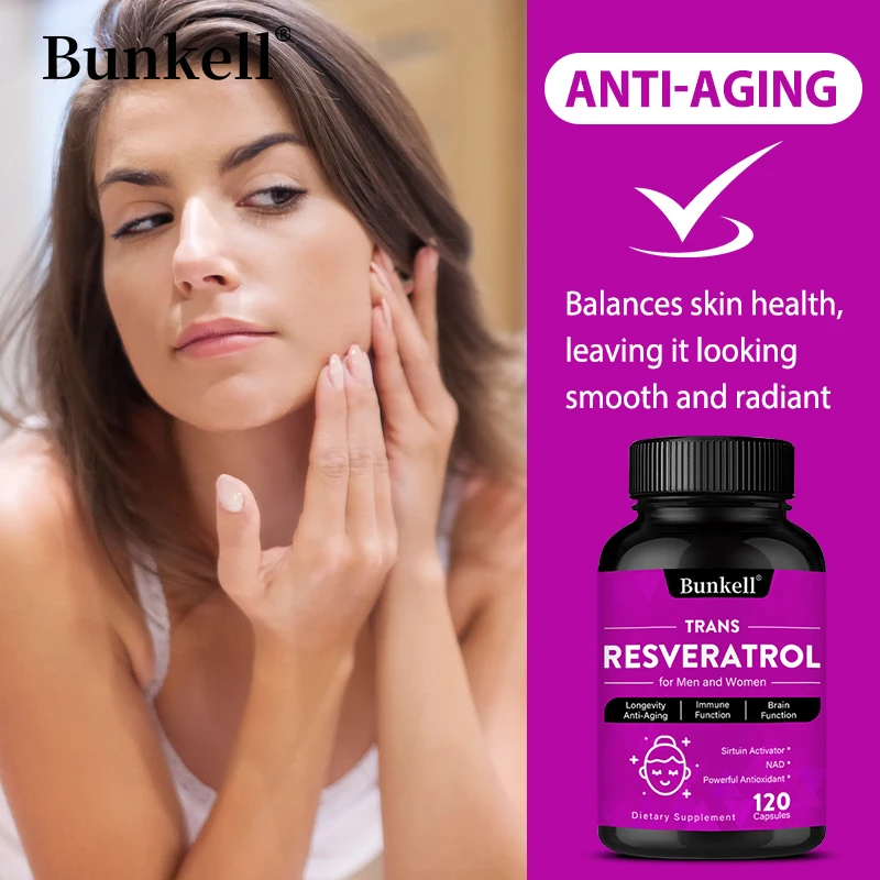 

Resveratrol 500mg Capsules with Trans-Resveratrol, Vitamin C - Antioxidant, Anti-Aging, Heart Brain Immune Skin Health, Non-GMO