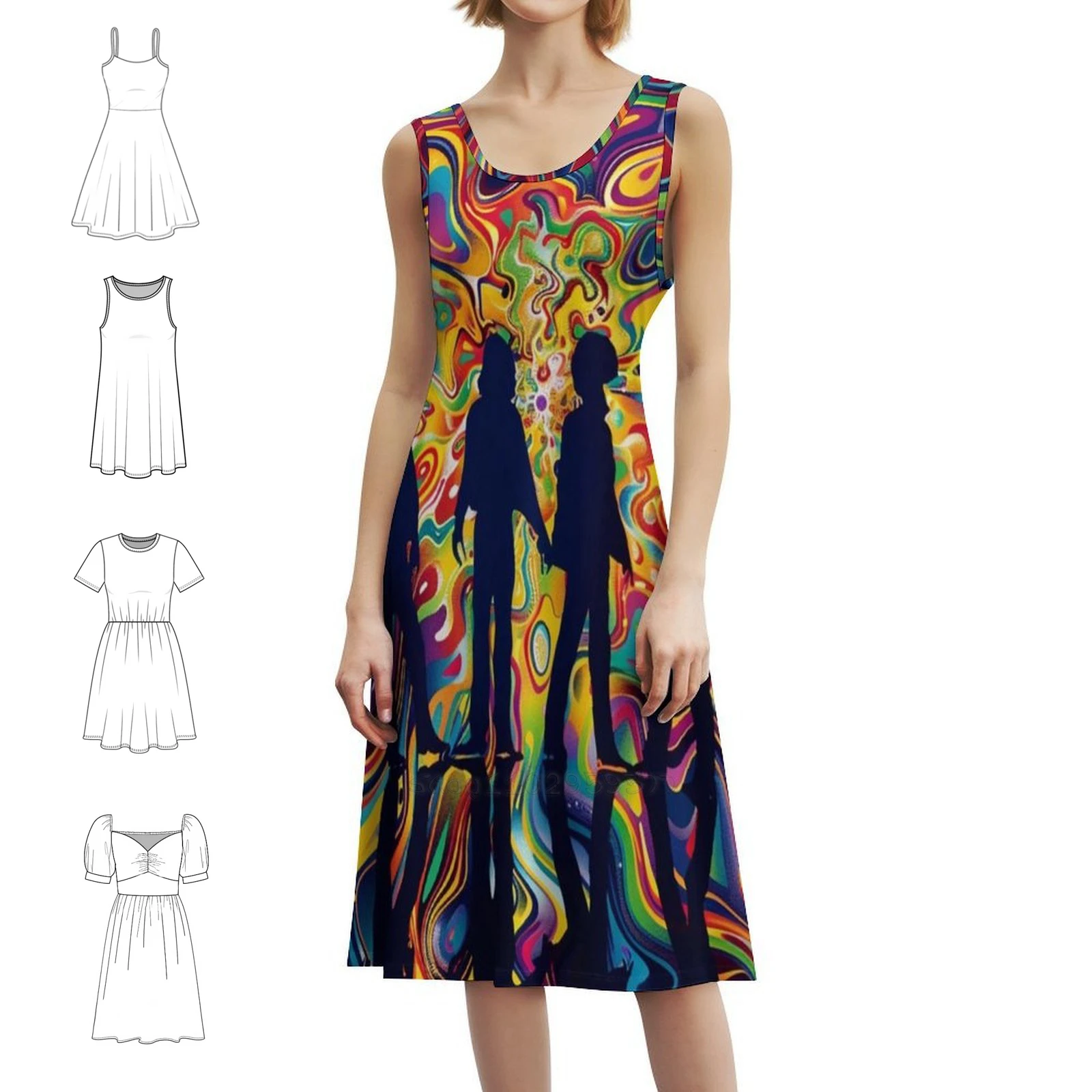A silhueta com cores psicodélicas trippy vestido de festa elegante feminino vestido evasê com opções curtas/longas/sem mangas