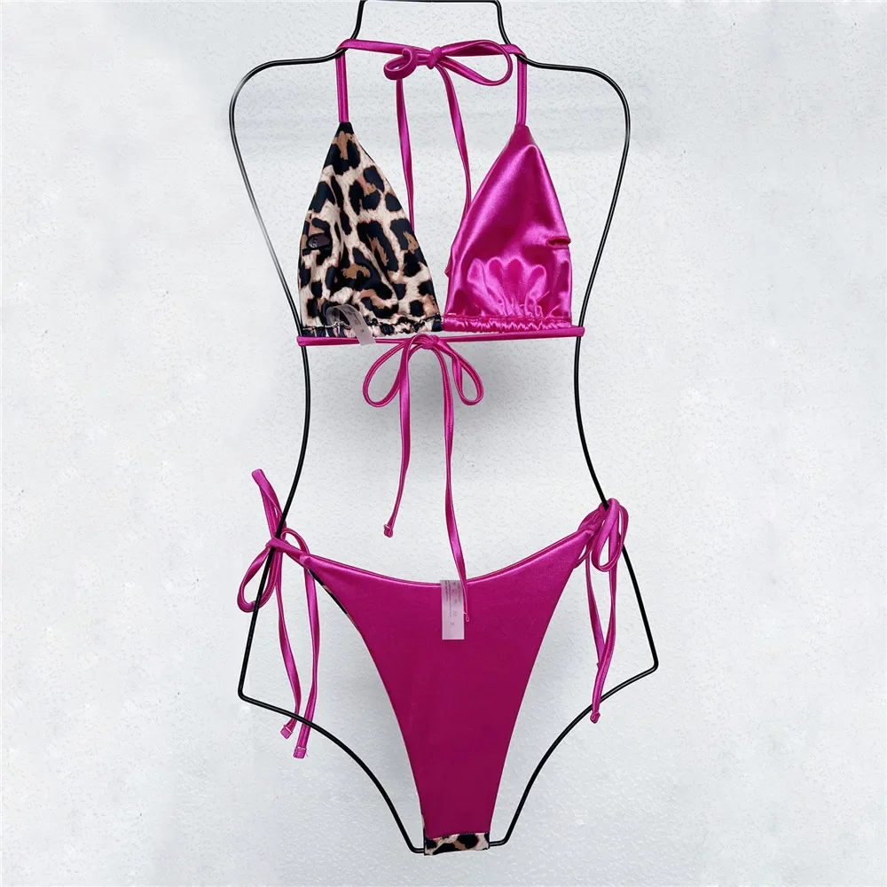 Conjunto de Bikini Sexy para mujer, traje de baño de retazos de leopardo con cuello Halter, microbikini con Tanga, traje de baño con cordones, bikinis extremos