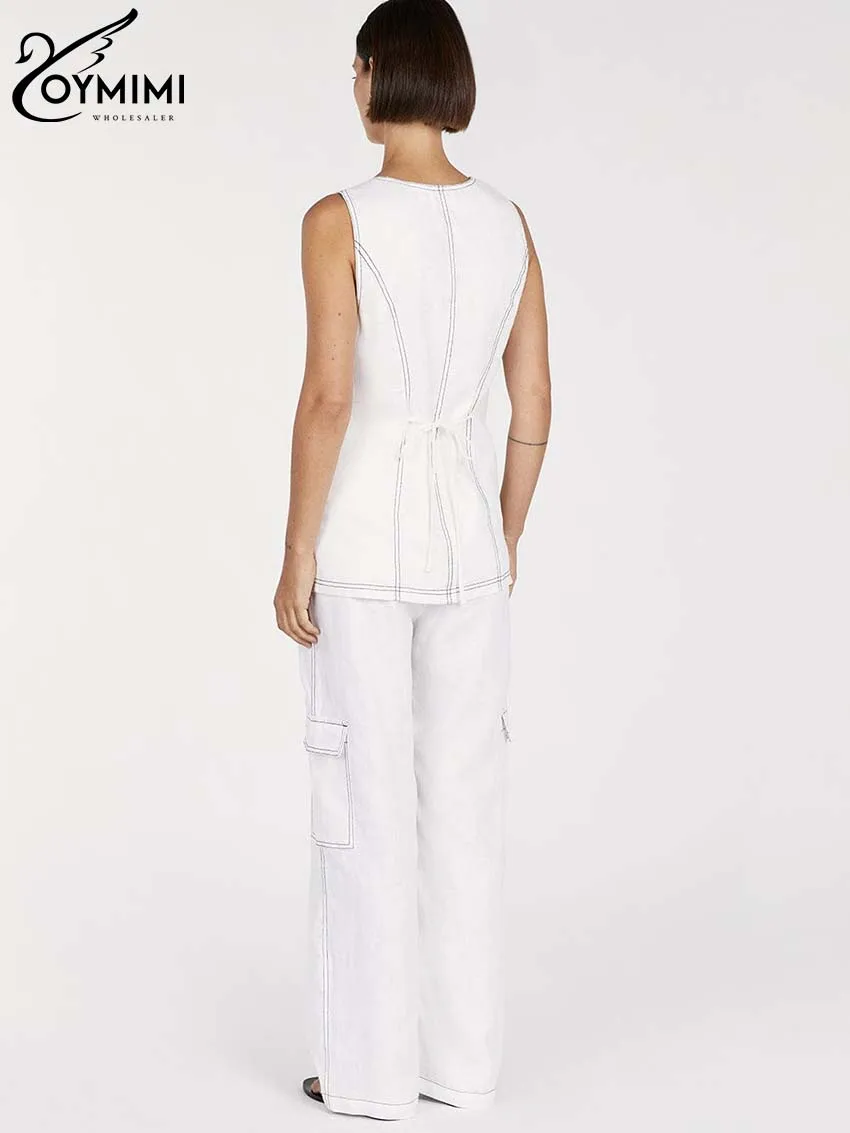 Oymimi Casual White Cotton Two Piece Set For Women Fashion Button Pockets Slip Tops And High Waist Straight Trousers Female Sets